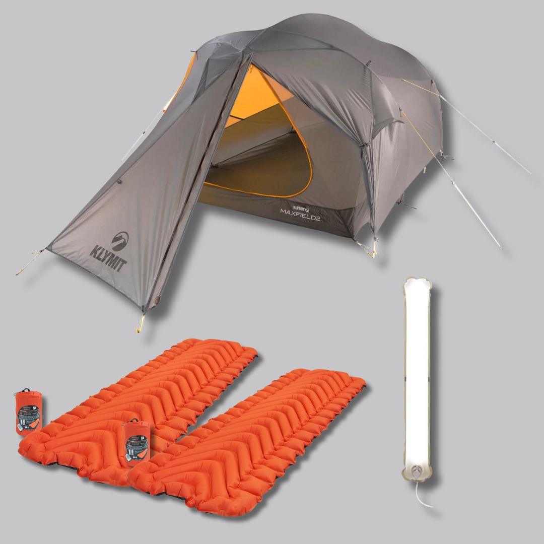 Klymit Maxfield 2 Bundle - Tent &amp; 2 Klymit Insulated Static V Mats and Free Everglow Light Tube
